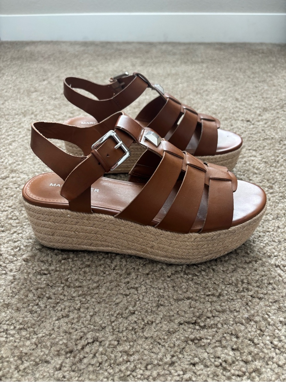 Marc Fisher Brown Leather-Strap Espadrille Platform Sandals